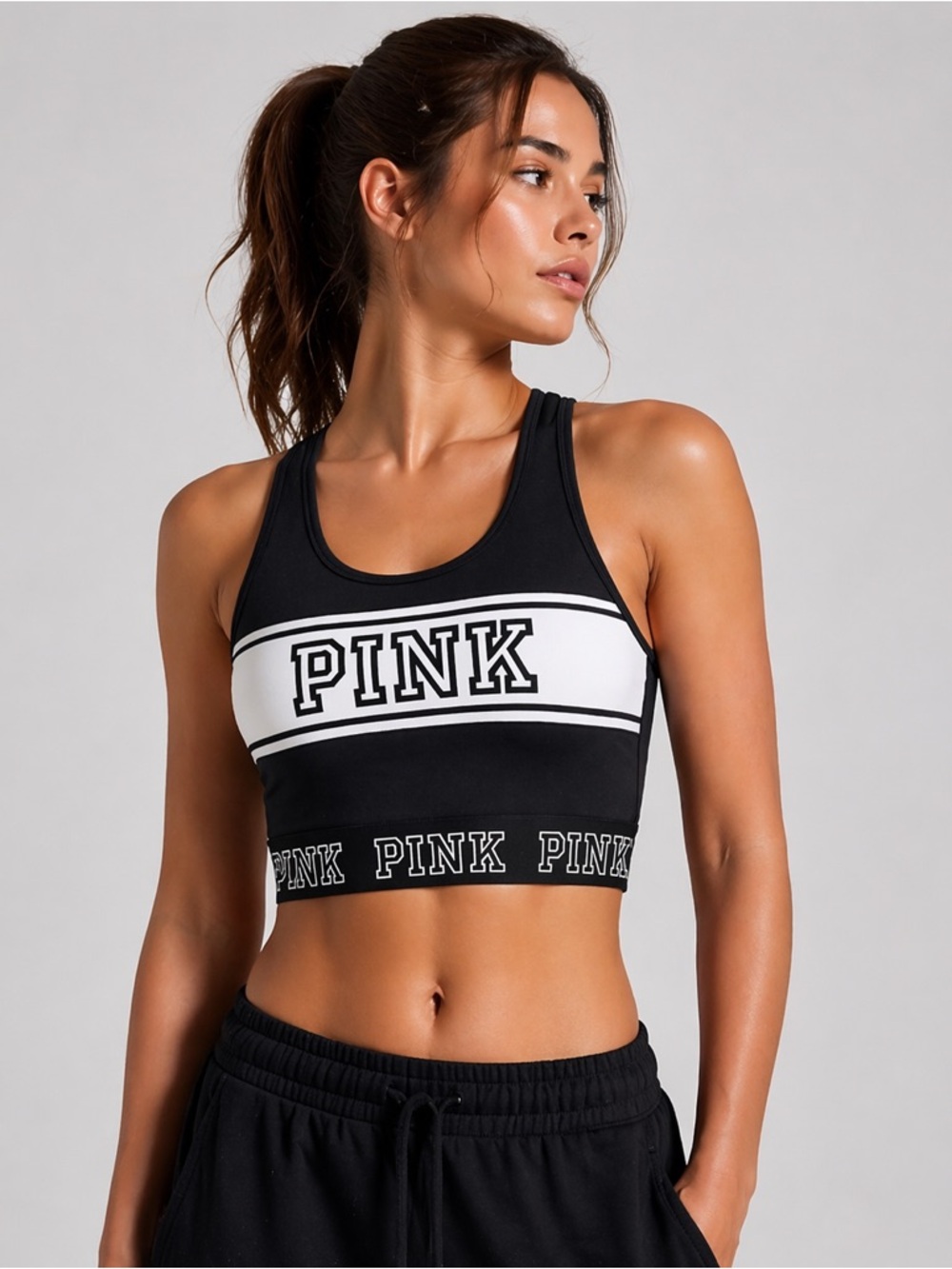 PINK Victoria’s Secret Sports Bra Crop Top Black White Racerback Y2K Medium